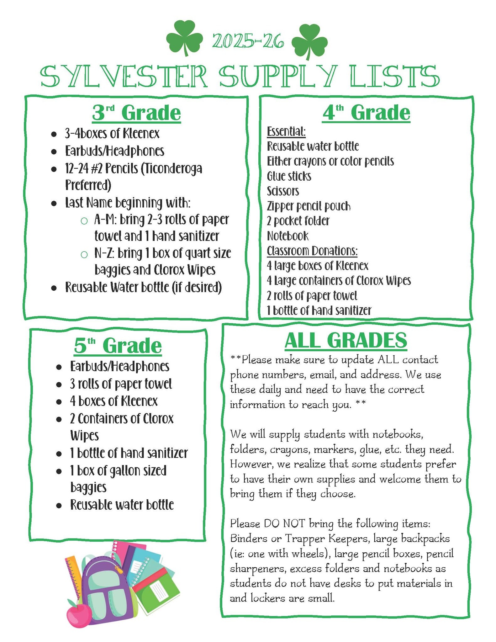 2025-2026 Sylvester Elementary School Supply List.