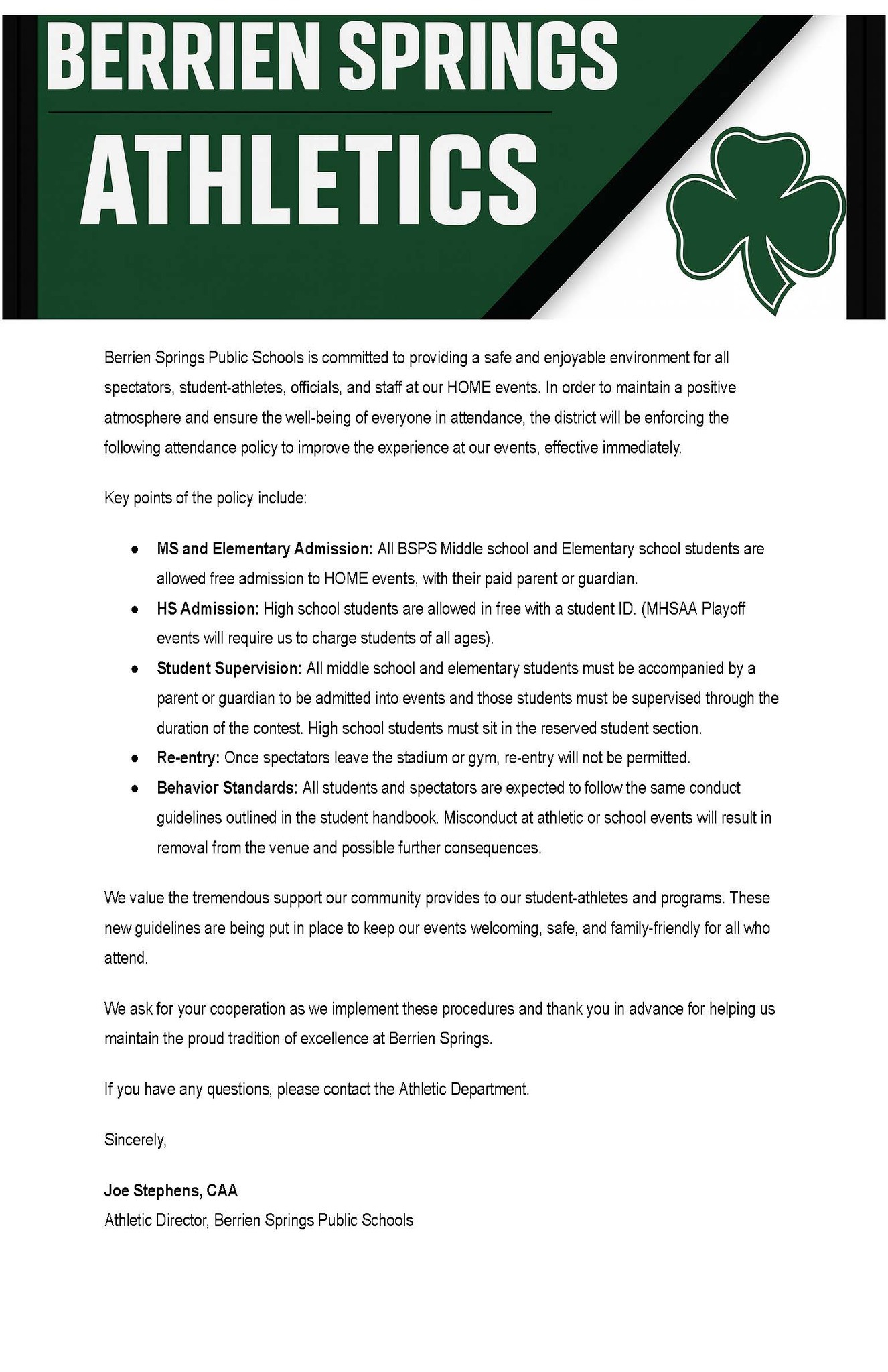 Berrien Springs Athletics Admission Policy