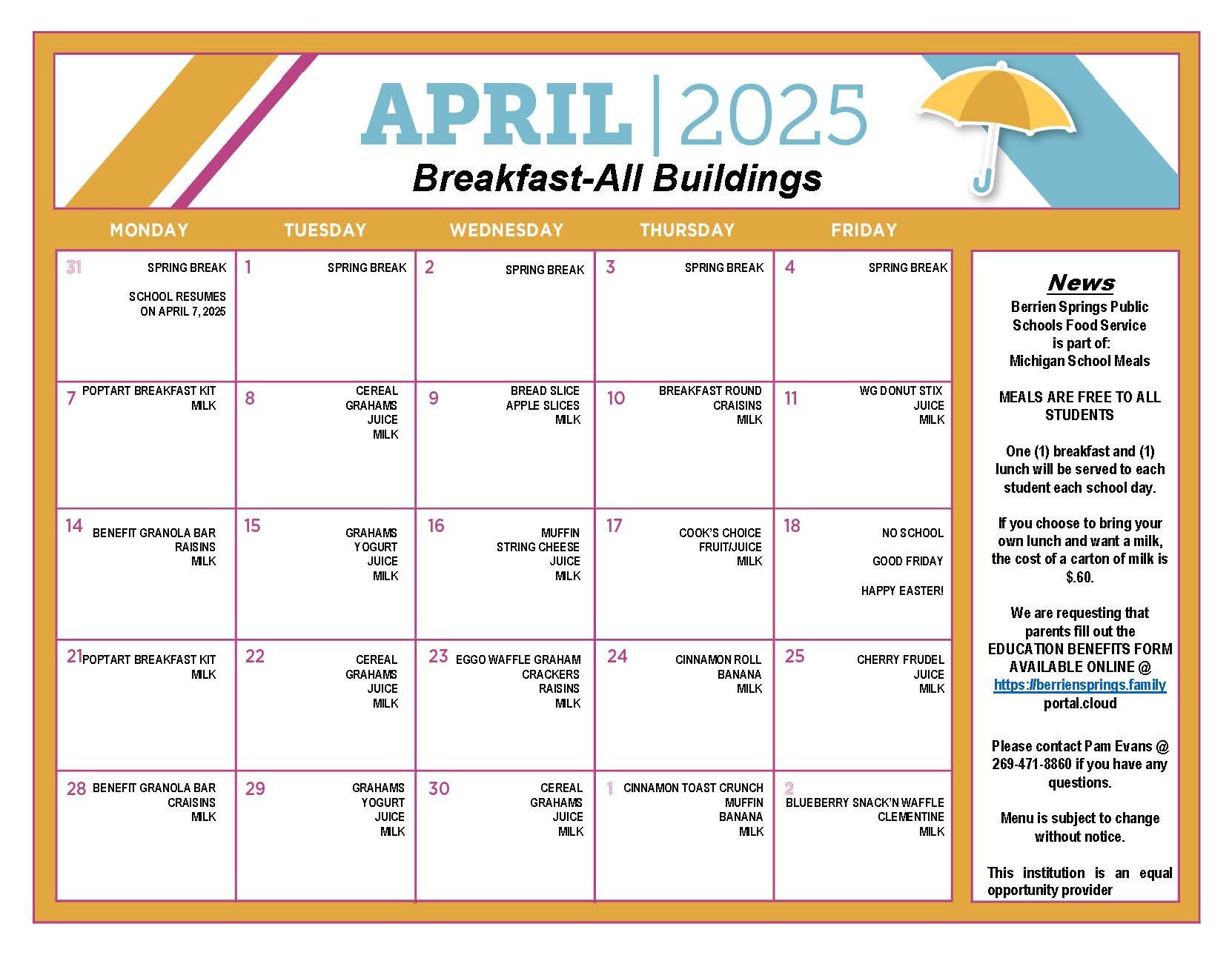 March 2025 Breakfast Food Service Menu
