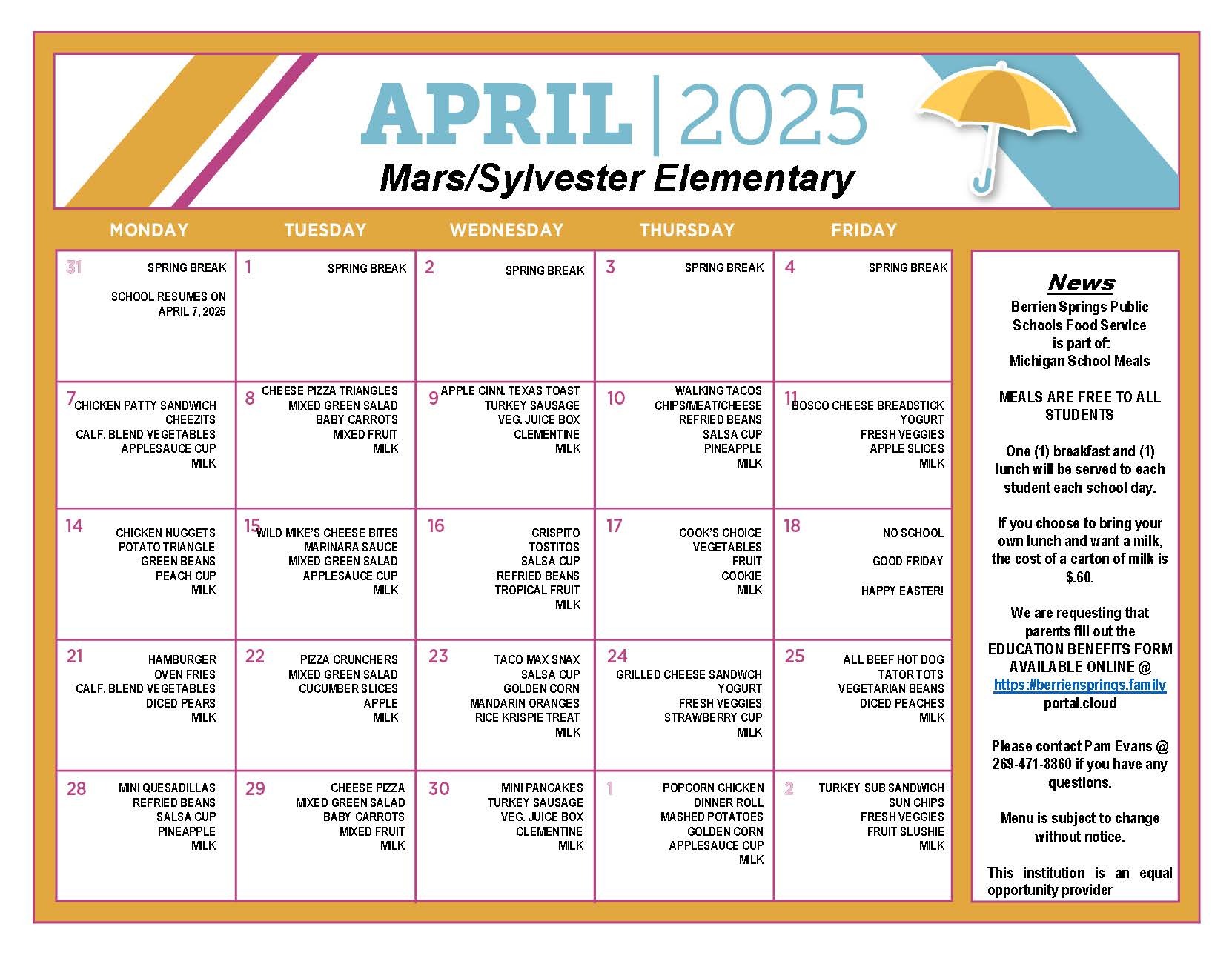 March 2025 Elementary Food Service Menu
