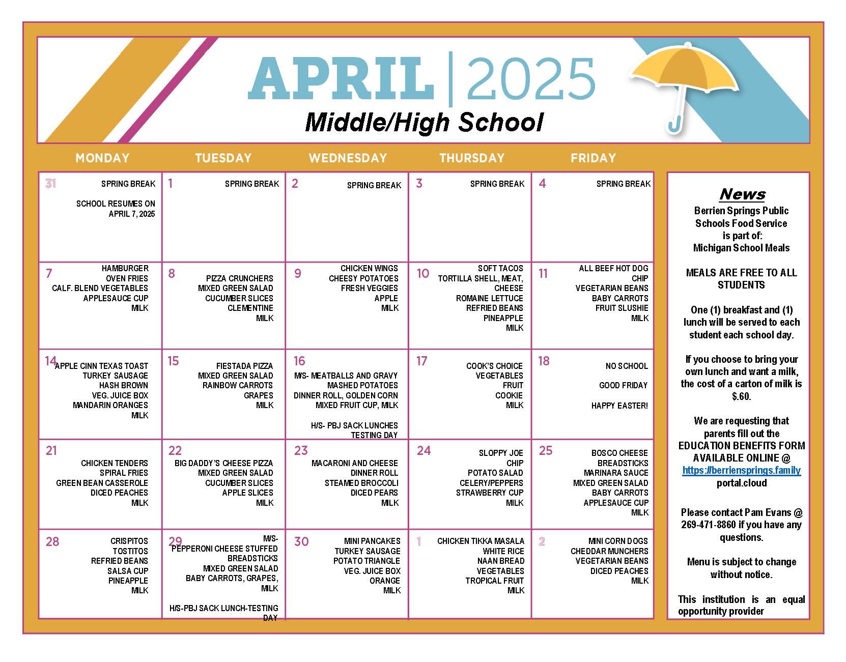 April Food Service Menu for High and Middle School