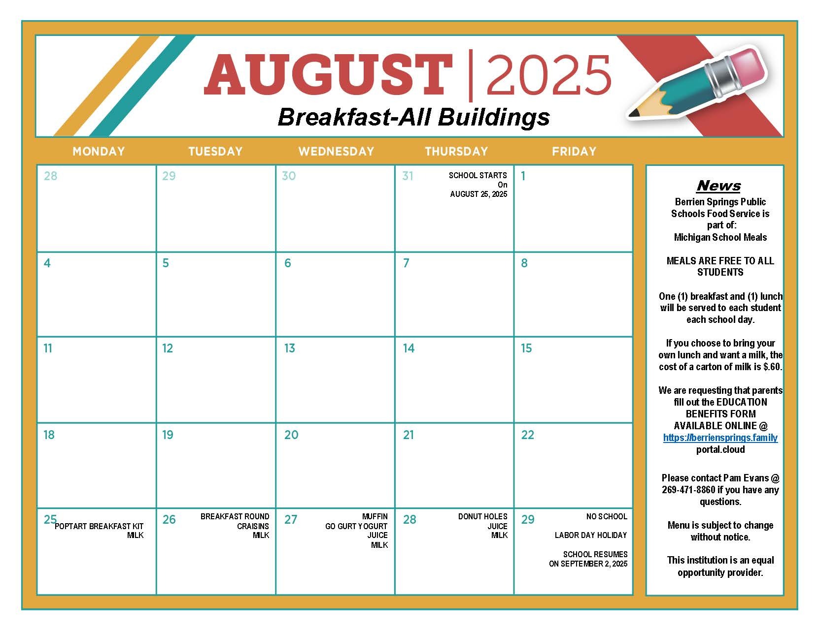 August 2025 Breakfast Food Service Menu