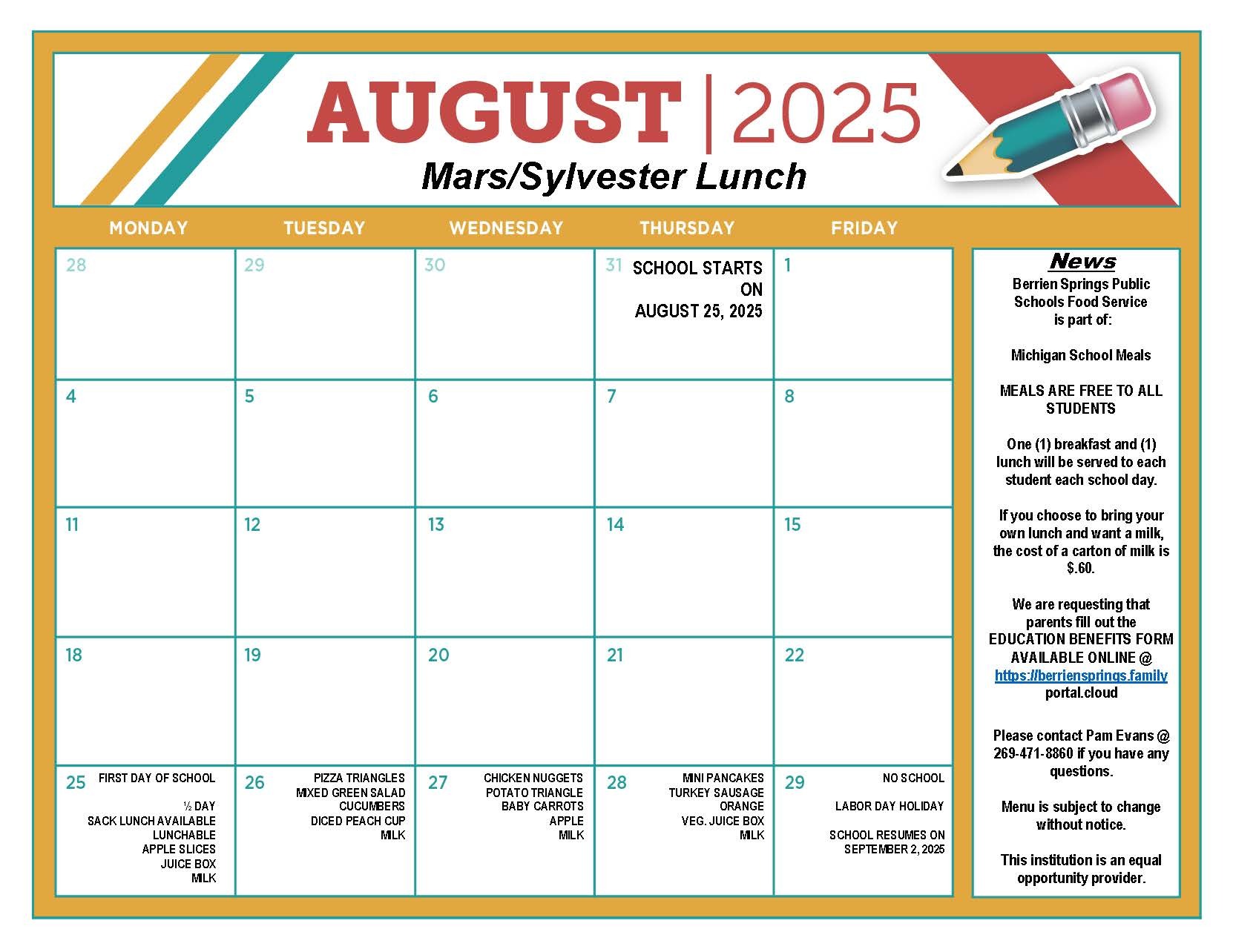 August 2025 Elementary Food Service Menu