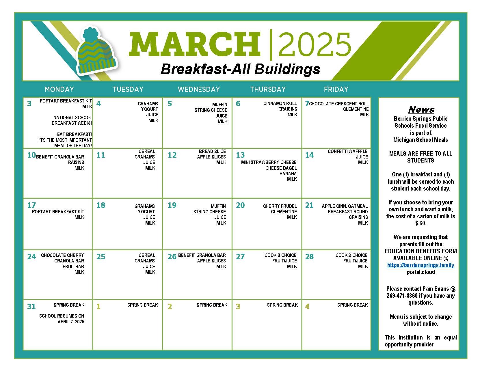 March 2025 Breakfast Food Service Menu