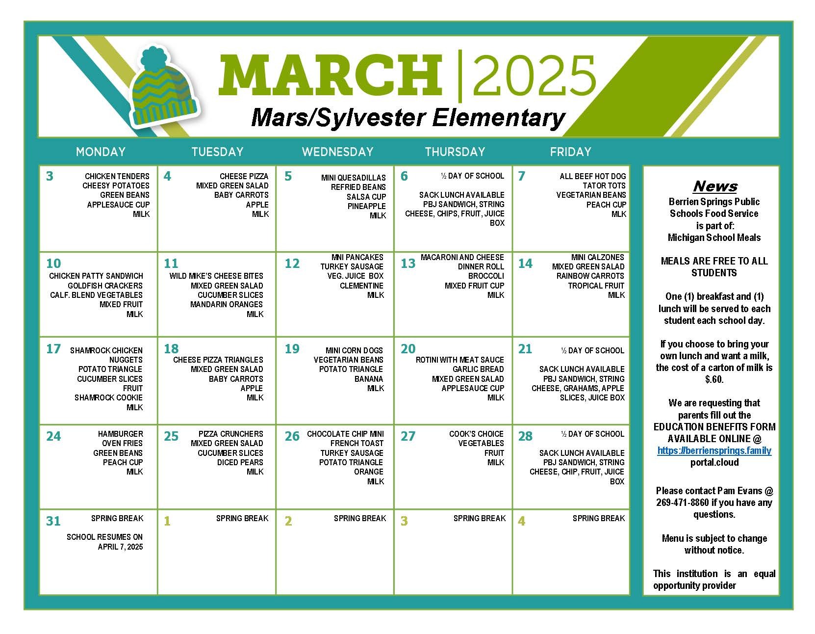 March 2025 Elementary Food Service Menu