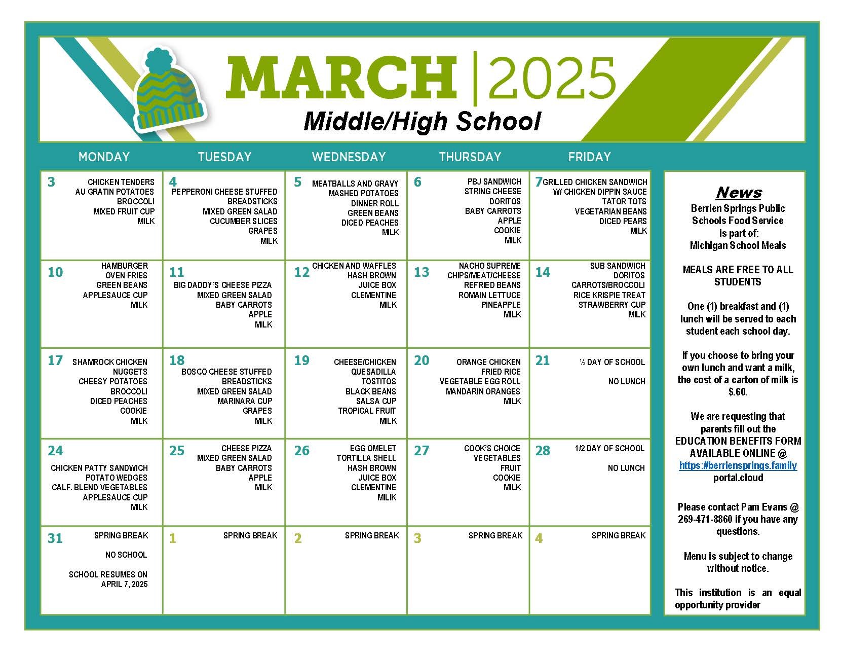 March Food Service Menu for High and Middle School
