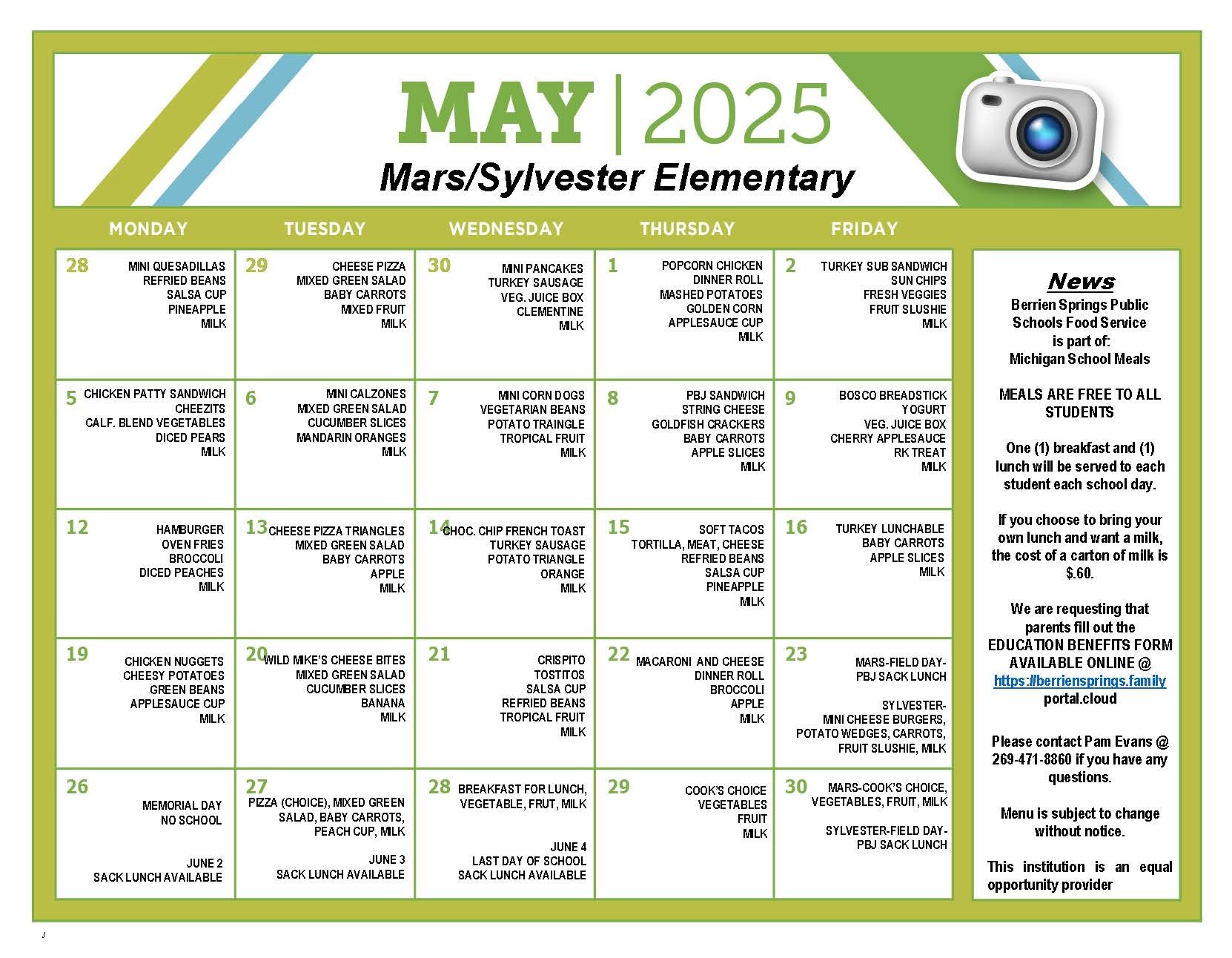 May 2025 Elementary Food Service Menu