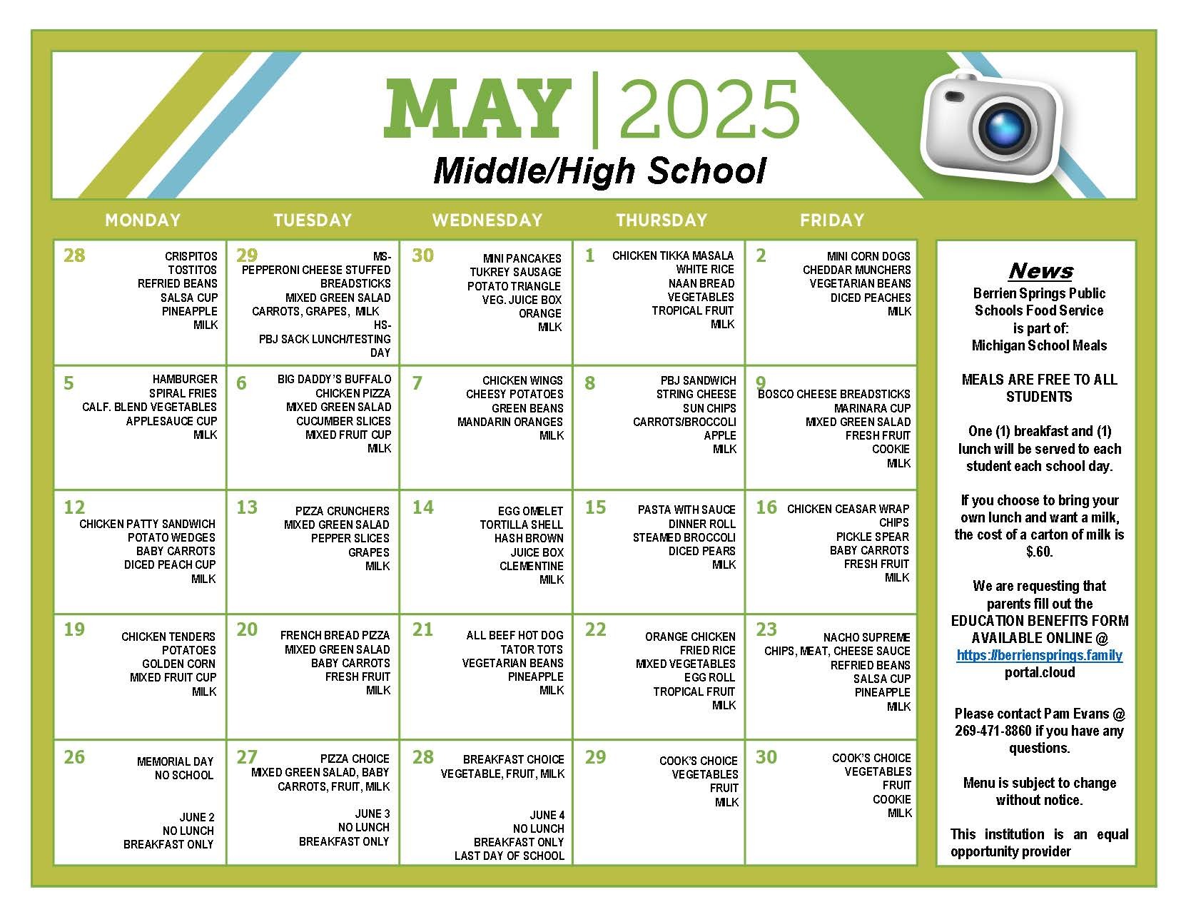 May Food Service Menu for High and Middle School