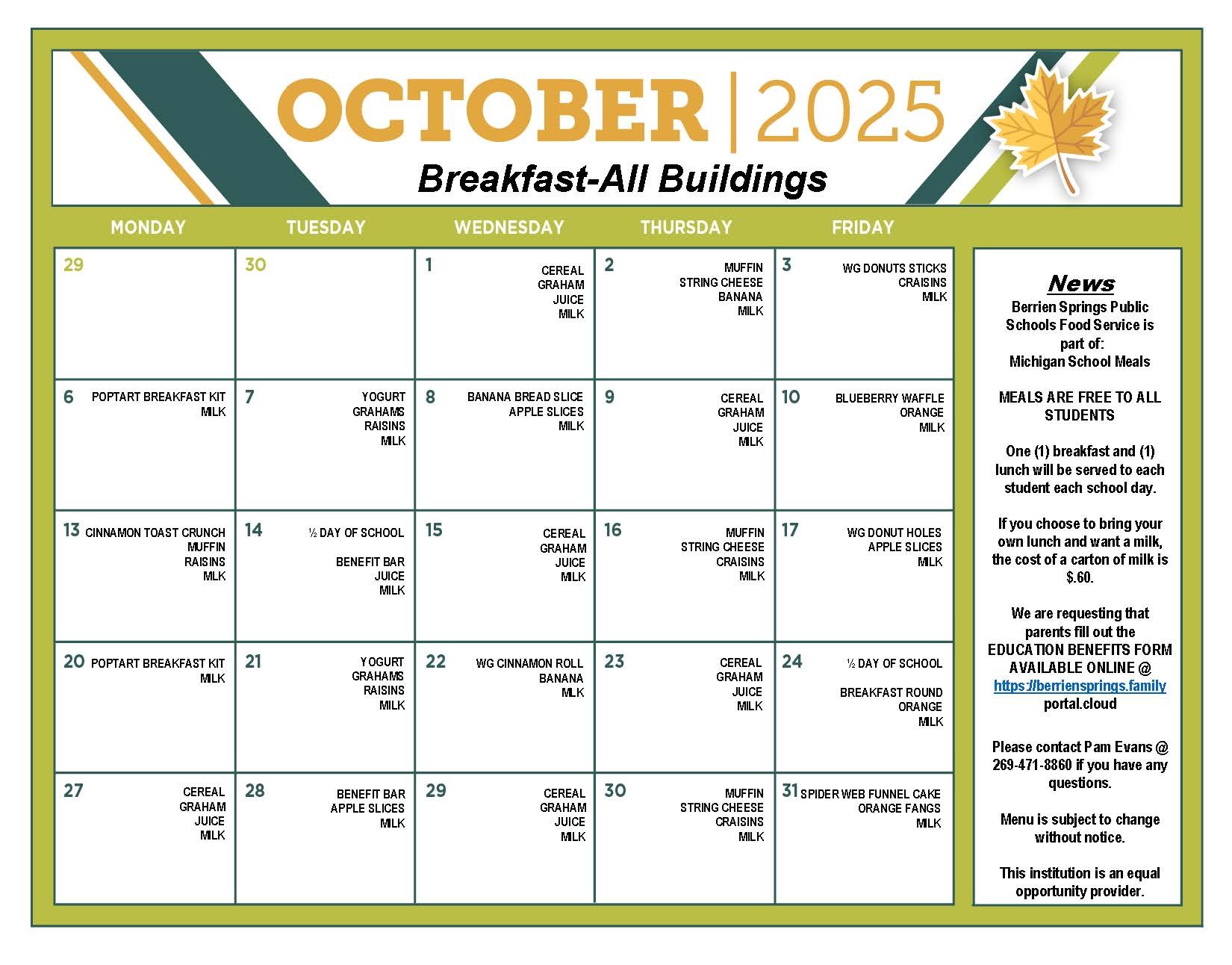 October 2025 Breakfast Food Service Menu