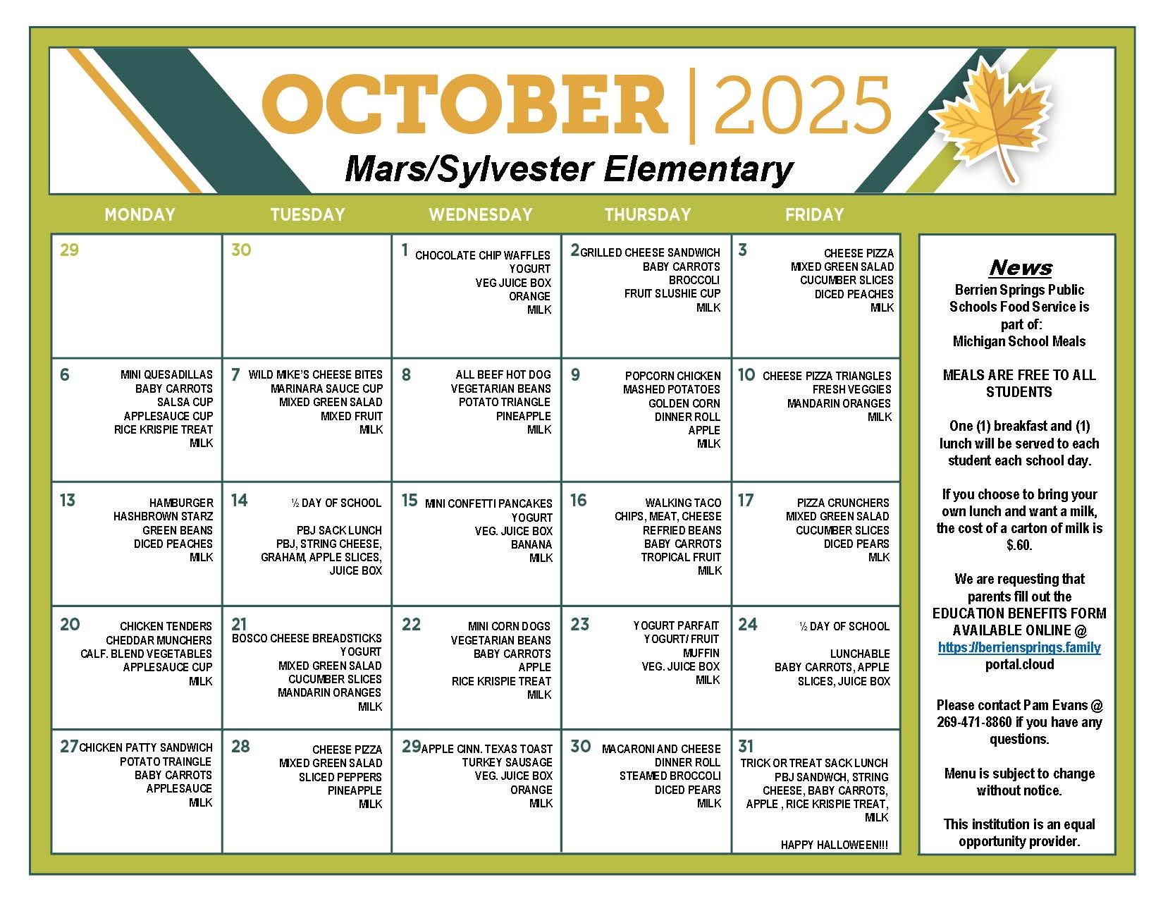 October 2025 Elementary Food Service Menu