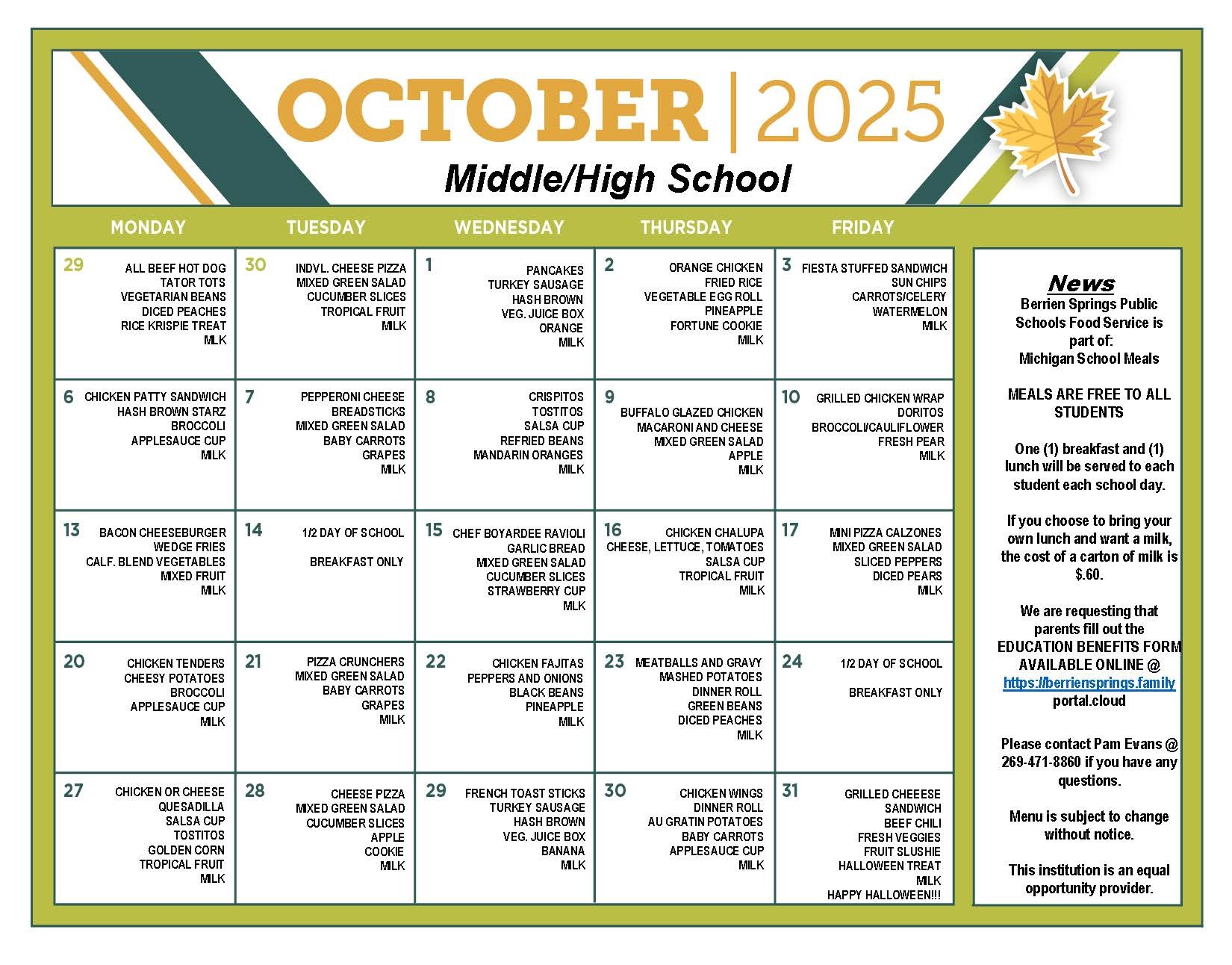 October  Food Service Menu for High and Middle School