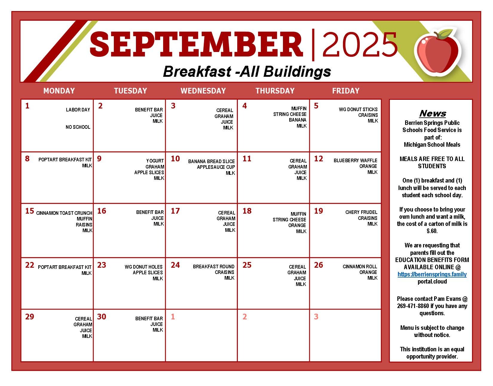 August 2025 Breakfast Food Service Menu