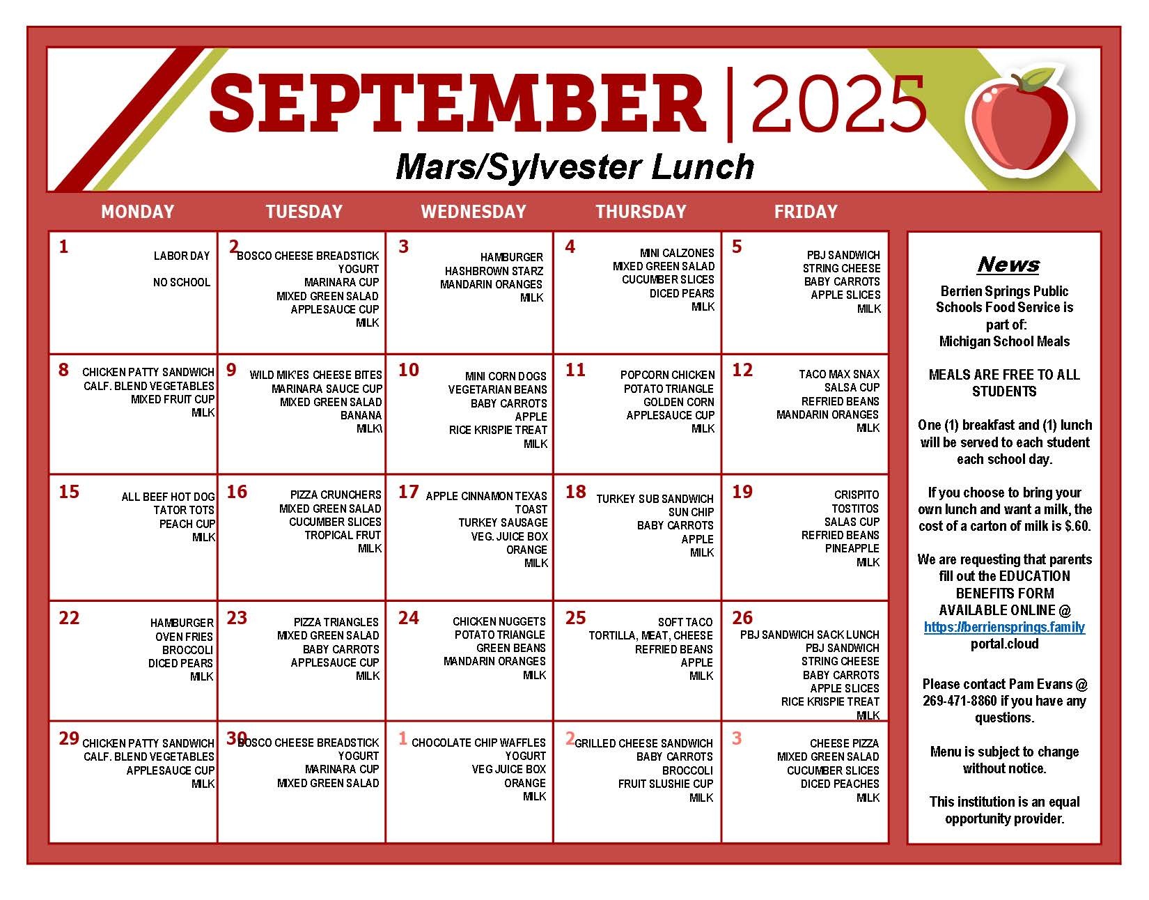 August 2025 Elementary Food Service Menu