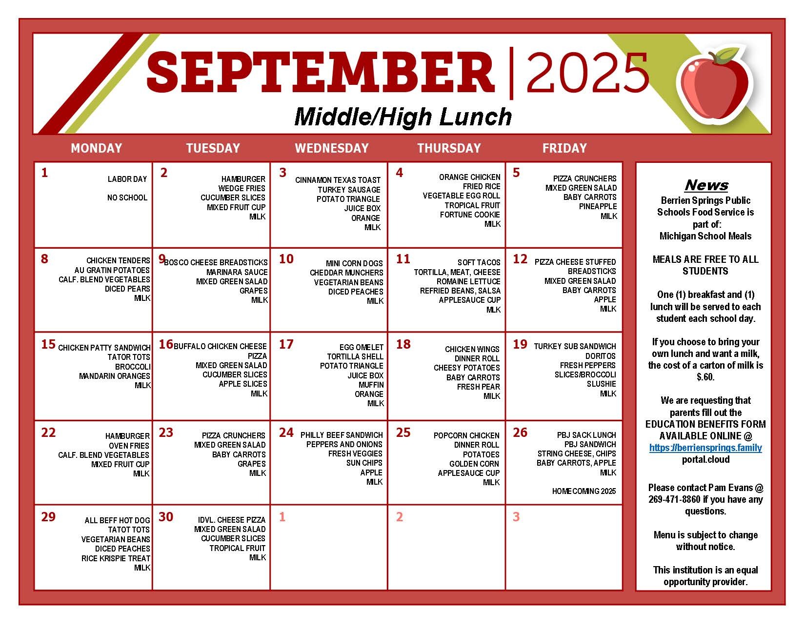 September Food Service Menu for High and Middle School
