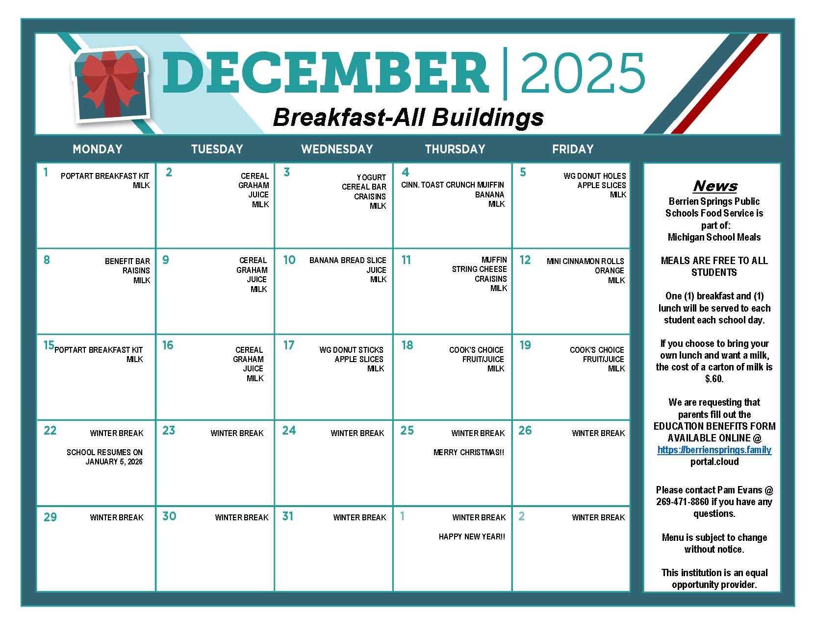 Dec 2025 Breakfast Food Service Menu