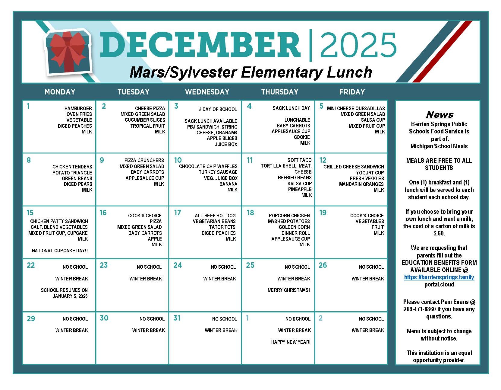 Dec 2025 Elementary Food Service Menu