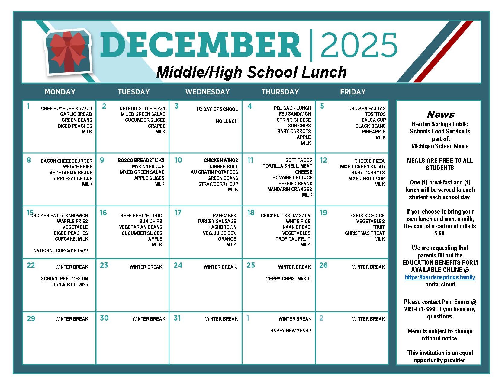 Dec Food Service Menu for High and Middle School