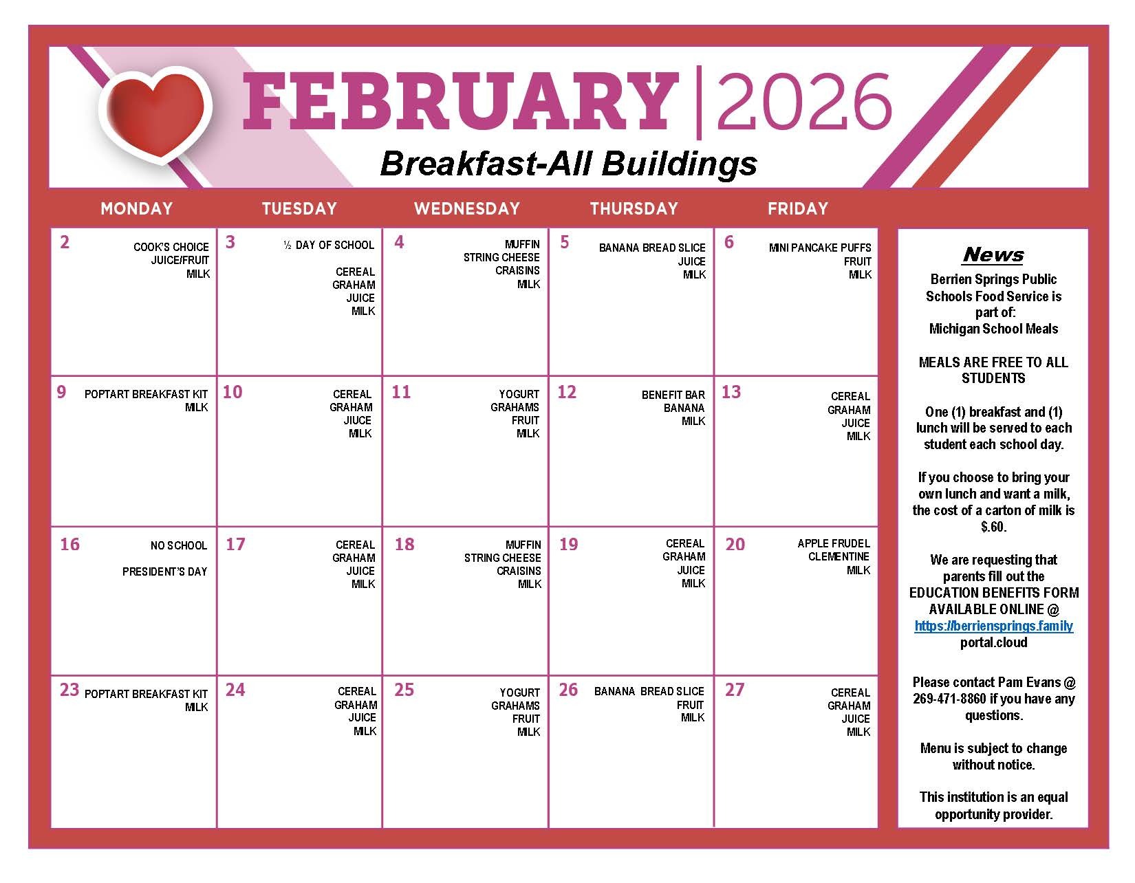 Feb 2026 Breakfast Food Service Menu