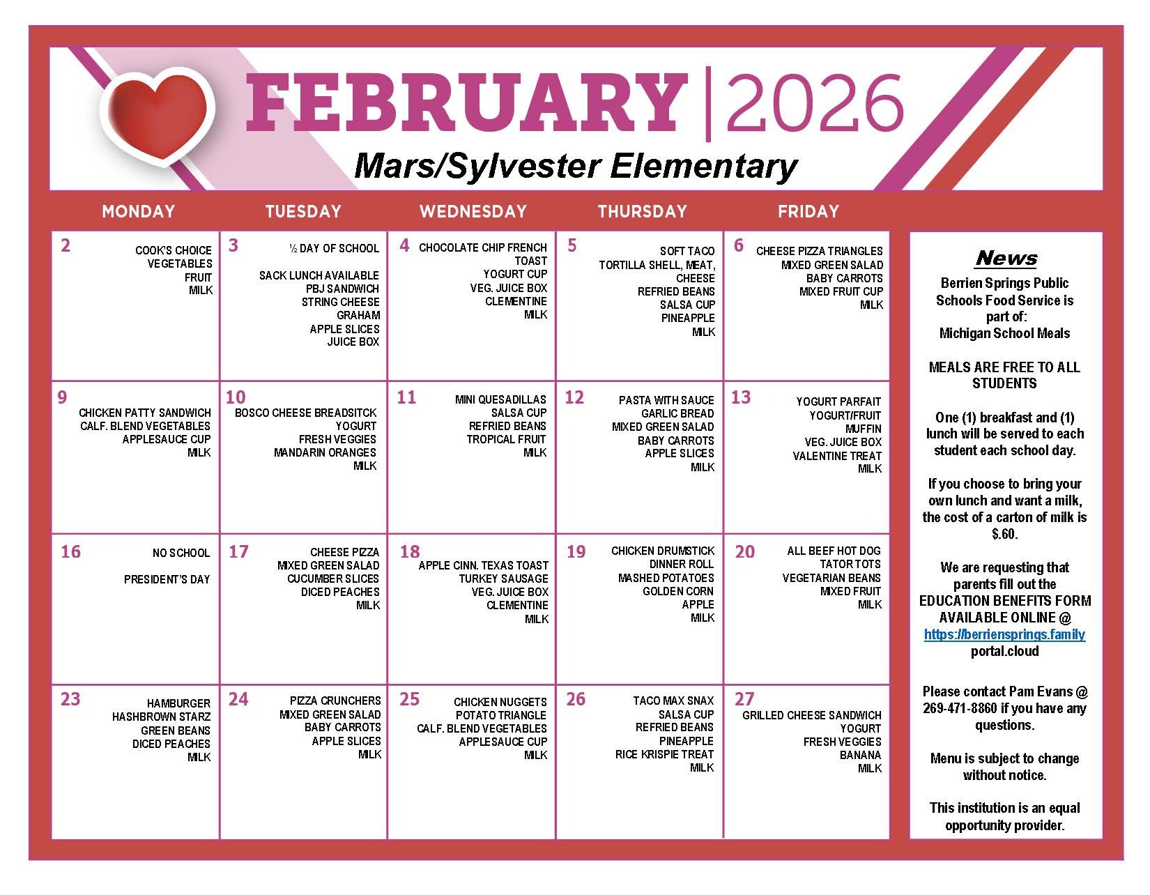 Feb 2026 Elementary Food Service Menu