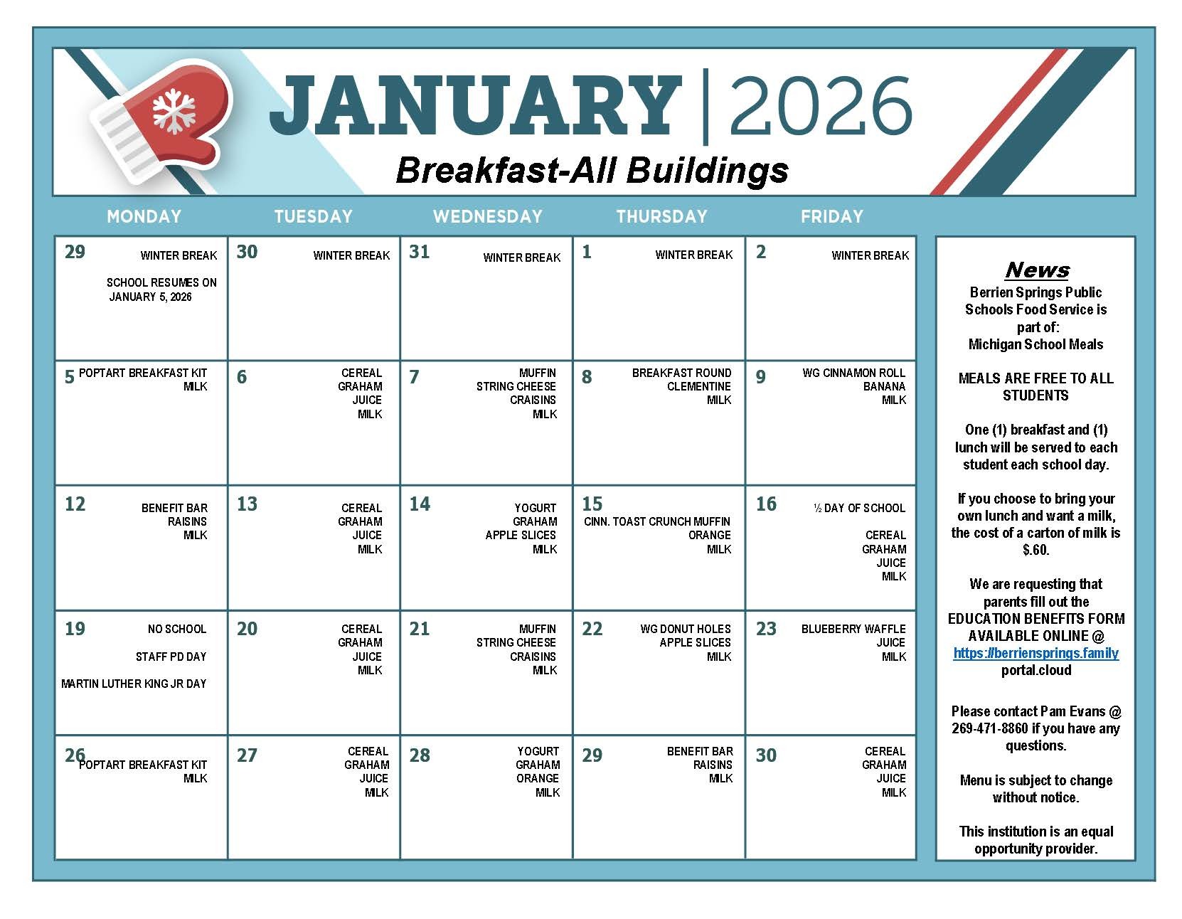 Jan 2026 Breakfast Food Service Menu