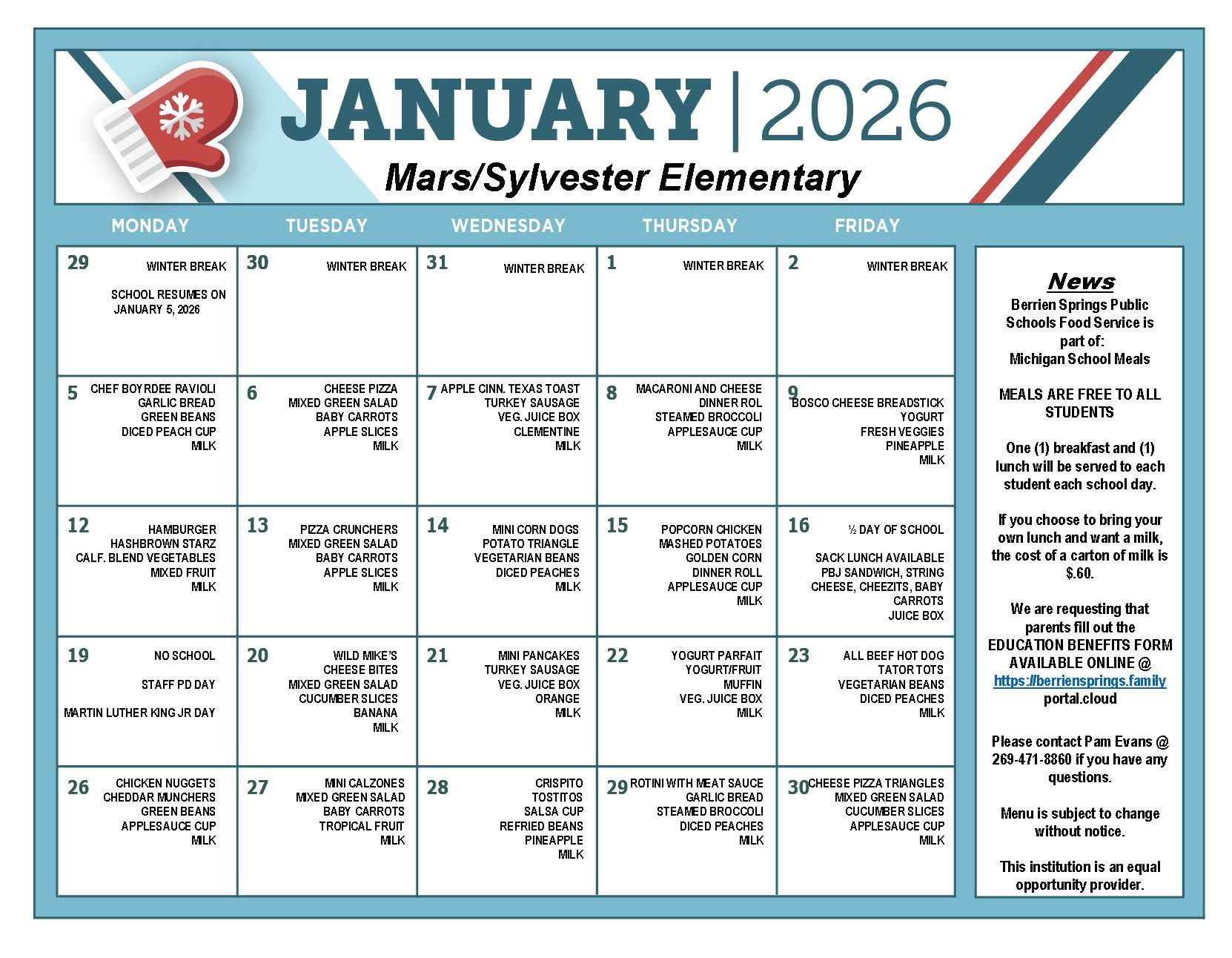 Jan 2025 Elementary Food Service Menu